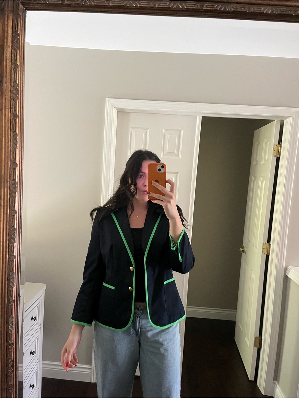 Jones New York Black Blazer with Green Trim and Gold Buttons